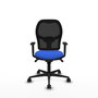 Silla de oficina Jorquera con mecanismo Sincro tapizada con Tela color Azul y malla color Negro. Equipada con lumbar 1D, Brazos 1D y Ruedas 65mm nailon