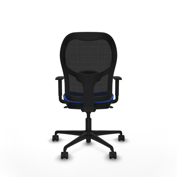 Silla de oficina Jorquera con mecanismo Sincro tapizada con Tela color Azul y malla color Negro. Equipada con lumbar 1D, Brazos 1D y Ruedas 65mm nailon