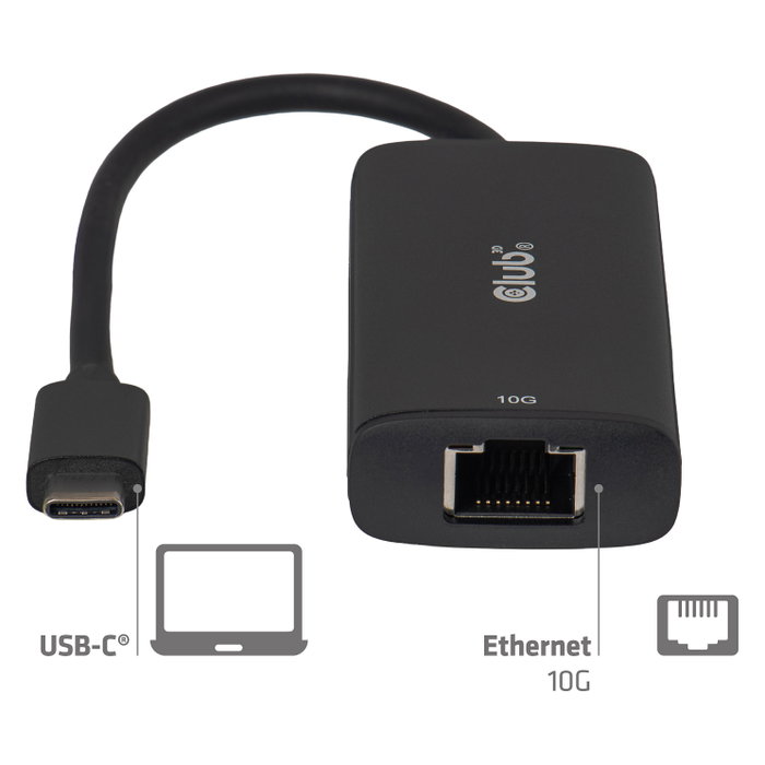 Club 3D Adaptador USB-C a RJ45 10Gbps ST/Bu Retail, Ethernet 10G, USB 3.2 Negro