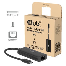 Club 3D Adaptador USB-C a RJ45 10Gbps ST/Bu Retail, Ethernet 10G, USB 3.2 Negro