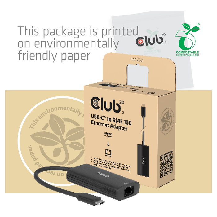 Club 3D Adaptador USB-C a RJ45 10Gbps ST/Bu Retail, Ethernet 10G, USB 3.2 Negro