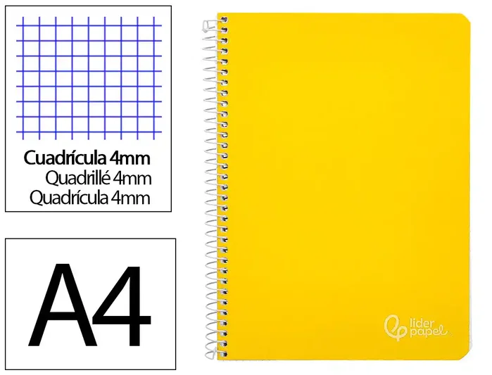 Liderpapel Cuaderno espiral A4 Witty tapa dura 80h 90gr cuadro 4mm amarillo Liderpapel Cuaderno espiral A4 Witty tapa dura 80h 90gr cuadro 4mm amarillo
