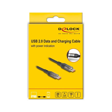 DeLOCK Cable USB Type-C a USB Type-C PD 3.0 100 W con indicador de potencia, 2 m, Negro