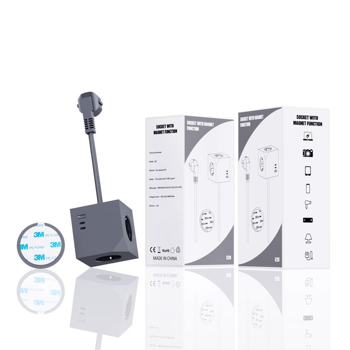 MicroConnect 3 Tomas Schuko, 2 USB-C, 1 USB-A, Cubo Energía Magnético con Cable 1.5m, Gris Oscuro