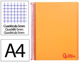 Liderpapel Cuaderno espiral A4 Micro Wonder tapa plástico 120 hojas 90gr cuadro 5mm banda 4 taladros color naranja