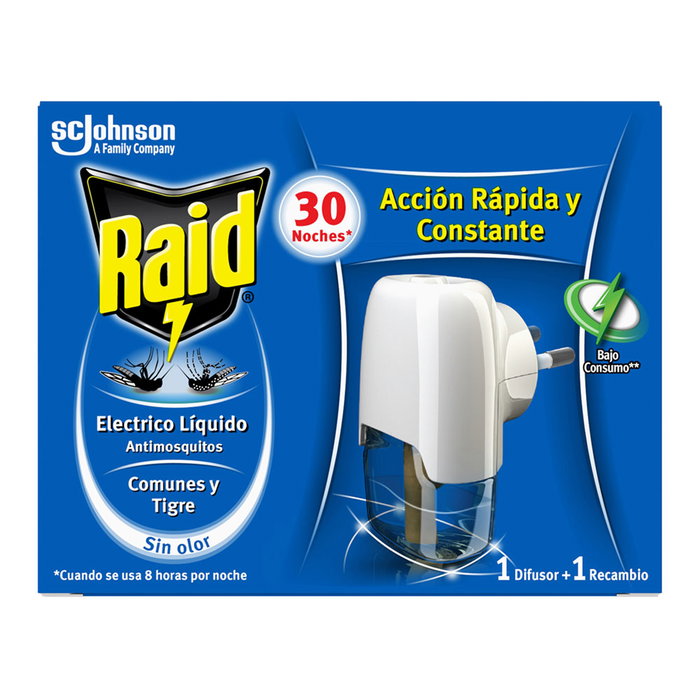 Raid Insecticida eléctrico líquido difusor antimosquitos común y tigre + 1 recambio para 30 noches Raid Insecticida eléctrico líquido difusor antimosquitos común y tigre + 1 recambio para 30 noches