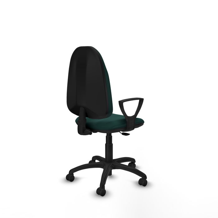 Silla de oficina Algarra con mecanismo Contacto permanente básico tapizada con Similpiel color Verde botella. Equipada con Base poliamida negra, Brazos fijos y Ruedas de parqué