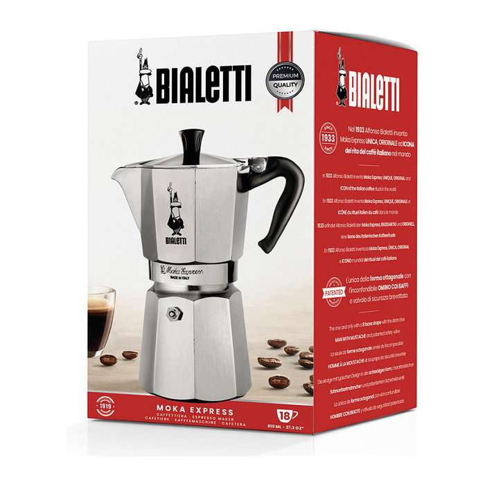Bialetti Moka Express Cafetera italiana para 18 tazas, Plata/Negro