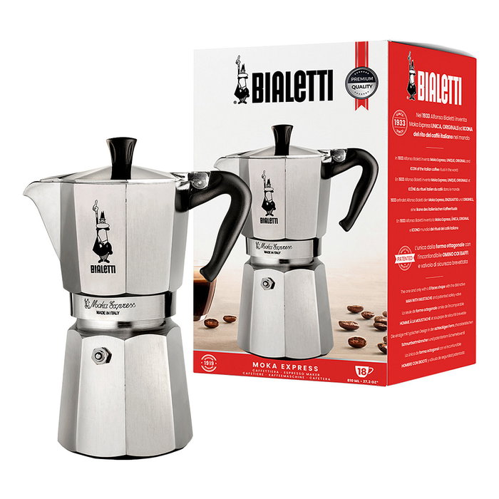 Bialetti Moka Express Cafetera italiana para 18 tazas, Plata/Negro