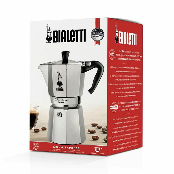 Bialetti Moka Express Cafetera Italiana de Acero Inoxidable, 18 Tazas (810 ml), Apta para Todo Tipo de Fuegos Excepto Inducción