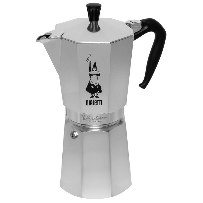 Bialetti Moka Express Cafetera italiana para 18 tazas, Plata/Negro