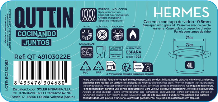 Inde Cacerola Acero Inoxidable 22 cm (4 Litros) con Tapa Hermes Qt - Dimensiones 32x24x14 cm (4 Unidades)