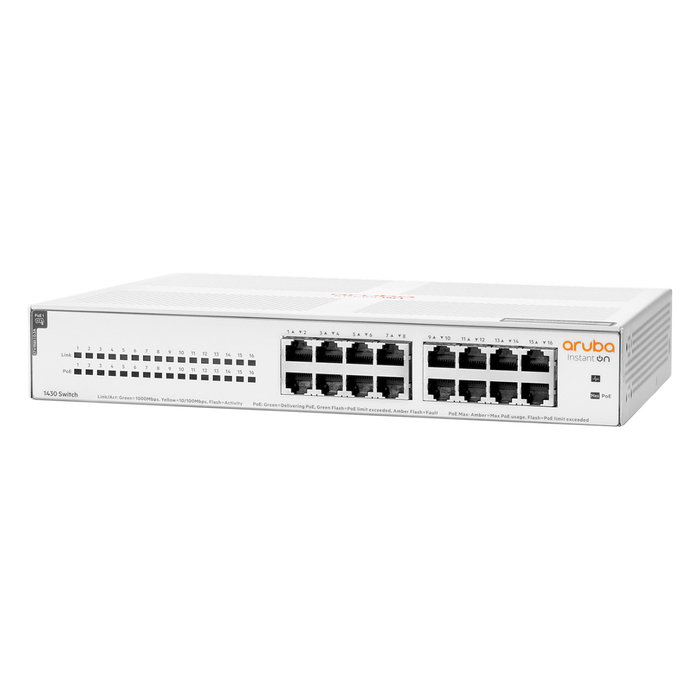 Aruba Instant On 1430 Switch 16G Class4 PoE 124W - Conmutador Gigabit no gestionado de 16 puertos con PoE+ para oficinas