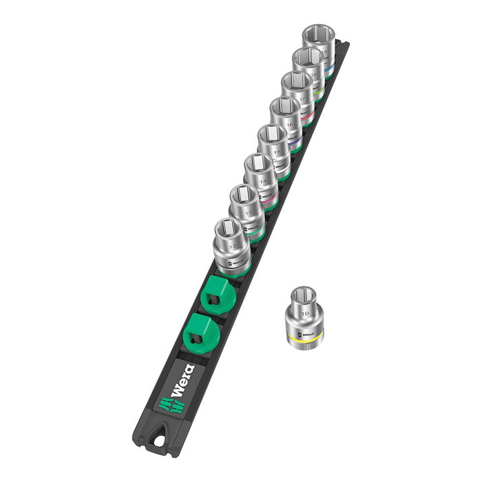 Wera Vasos Hexagonales 1/2 Pulgada Rail C4 Juego 9 Piezas 10-19 mm con Riel Magnético y Sistema Take it Easy Twist to Unlock