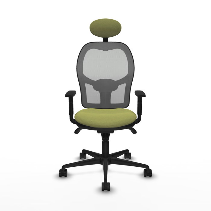 Silla de oficina Jorquera con mecanismo Sincro tapizada con Tela color Verde oliva y malla color Gris. Equipada con lumbar 1D, Brazos 1D, Cabecero Fijo y Ruedas 65mm nailon