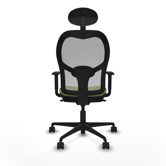 Silla de oficina Jorquera con mecanismo Sincro tapizada con Tela color Verde oliva y malla color Gris. Equipada con lumbar 1D, Brazos 1D, Cabecero Fijo y Ruedas 65mm nailon