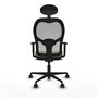 Silla de oficina Jorquera con mecanismo Sincro tapizada con Tela color Verde oliva y malla color Gris. Equipada con lumbar 1D, Brazos 1D, Cabecero Fijo y Ruedas 65mm nailon