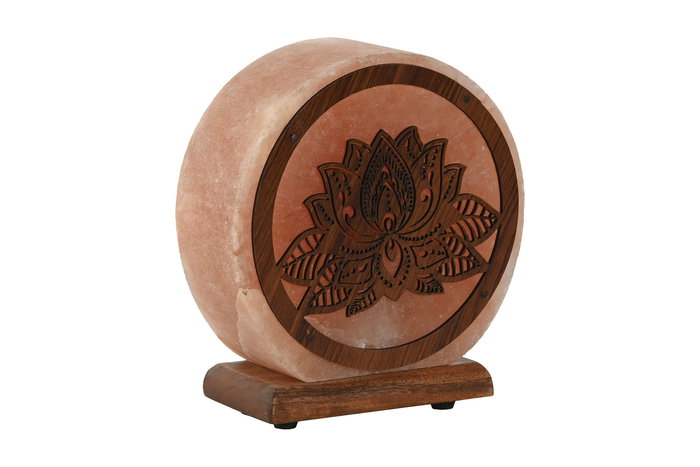 Lámpara de Sal del Himalaya Sobremesa Arabe con Flor de Loto en Acacia, Colores Marrón y Rosa, 16 x 7 x 18 cm, Incluye Bombilla