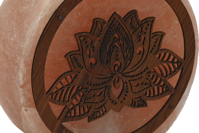 Lámpara de Sal del Himalaya Sobremesa Arabe con Flor de Loto en Acacia, Colores Marrón y Rosa, 16 x 7 x 18 cm, Incluye Bombilla