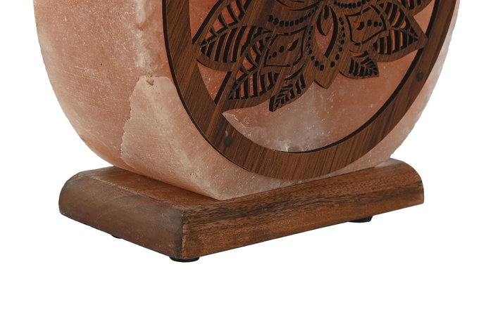 Lámpara de Sal del Himalaya Sobremesa Arabe con Flor de Loto en Acacia, Colores Marrón y Rosa, 16 x 7 x 18 cm, Incluye Bombilla