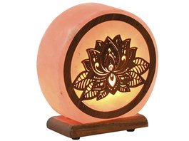 Lámpara de Sal del Himalaya Sobremesa Arabe con Flor de Loto en Acacia, Colores Marrón y Rosa, 16 x 7 x 18 cm, Incluye Bombilla