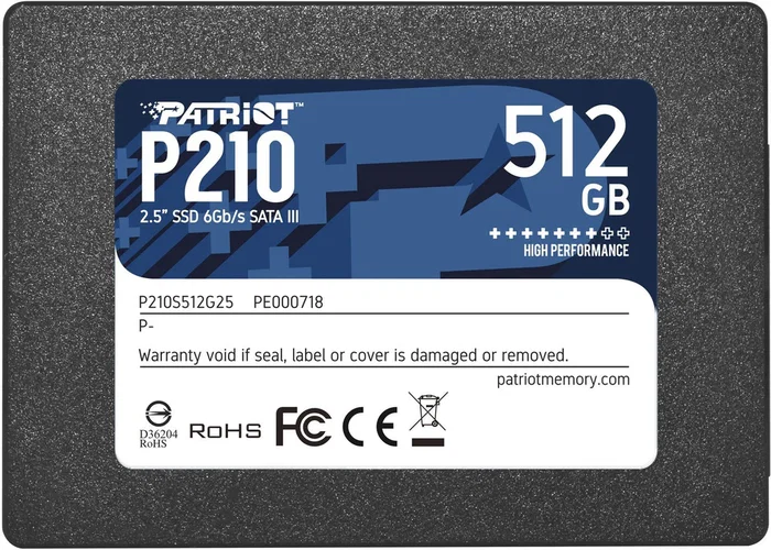 Patriot P210 SSD de 512 GB SATA III 2.5" Interno - Lectura 500 MB/s, Escritura 400 MB/s - Para PC y Portátil
