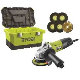 Ryobi Amoladora Angular 125 mm - 800 W - Con Caja de Herramientas y 6 Discos