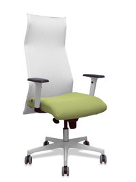 Sillón Albacete con mecanismo Sincro tapizada con Tela color Verde oliva y malla color Blanco. Equipado con Base poliamida blanca, Brazos 1D y Ruedas 65 mm parqué