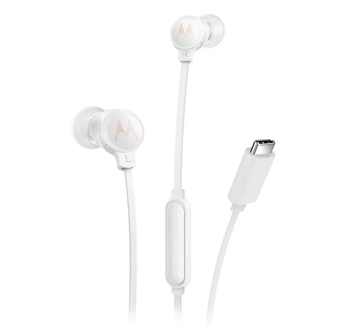 Motorola Earbuds 3C-S White - Auriculares Intrauditivos con Cable USB Type-C, Micrófono Integrado, Control en Línea, Cable Plano Antienredos, Sonido HD, Blanco