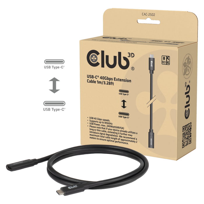 Club 3D Cable de extensión USB-C 40Gbps 1 m Negro Club 3D Cable de extensión USB-C 40Gbps 1 m Negro