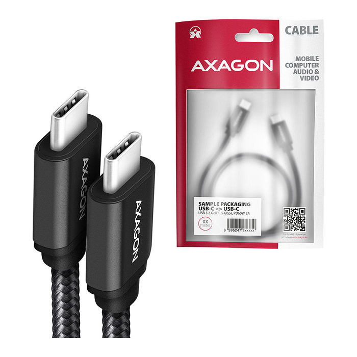 Axagon BUCM3-CM30AB Cable USB-C a USB-C 3.2 Gen 1, 3 m, PD 60W, trenzado - negro Axagon BUCM3-CM30AB Cable USB-C a USB-C 3.2 Gen 1, 3 m, PD 60W, trenzado - negro