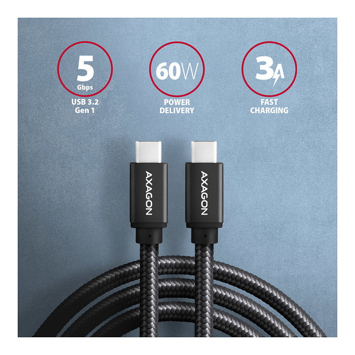 Axagon BUCM3-CM30AB Cable USB-C a USB-C 3.2 Gen 1, 3 m, PD 60W, trenzado - negro Axagon BUCM3-CM30AB Cable USB-C a USB-C 3.2 Gen 1, 3 m, PD 60W, trenzado - negro