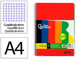 Liderpapel Cuaderno Espiral A4 Smart Tapa Blanda 80 Hojas 75g Cuadro 4mm con Margen Pack 5+1 Colores Surtidos