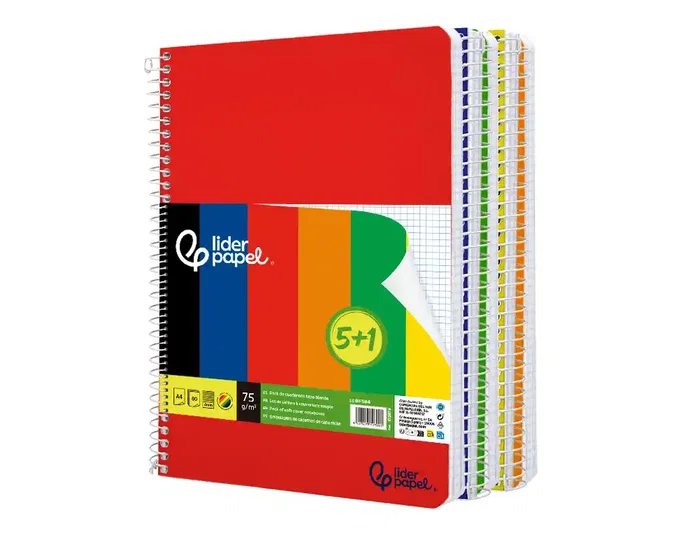 Liderpapel Cuaderno Espiral A4 Smart Tapa Blanda 80 Hojas 75g Cuadro 4mm con Margen Pack 5+1 Colores Surtidos