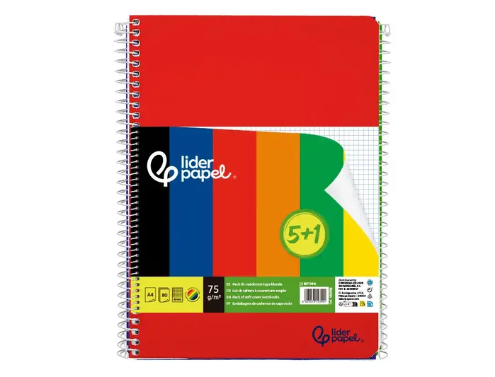 Liderpapel Cuaderno Espiral A4 Smart Tapa Blanda 80 Hojas 75g Cuadro 4mm con Margen Pack 5+1 Colores Surtidos