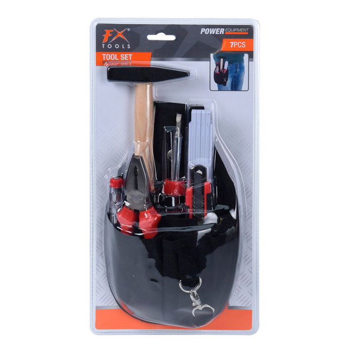 Fx Tools Set de Herramientas 7 Piezas con Bolsa - Martillo, Alicates, Destornillador 4en1, Regla 2m - Negro para Uso Profesional y Doméstico