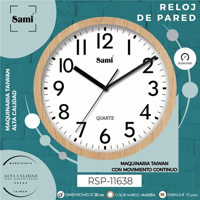 SAMI Reloj de Pared de Madera de Pino Redondo 30 cm HQ TAIWAN