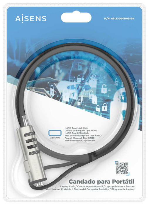 Aisens Cable de Seguridad tipo Nano con Combinación ASLK-D50N05-BK, Negro, 1.5m