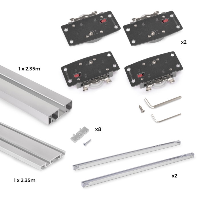 Emuca Sistema Flow 2 de superficie en formato kit para un armario de 2 puertas correderas de madera apoyadas con cierre suave Emuca Sistema Flow 2 de superficie en formato kit para un armario de 2 puertas correderas de madera apoyadas con cierre suave