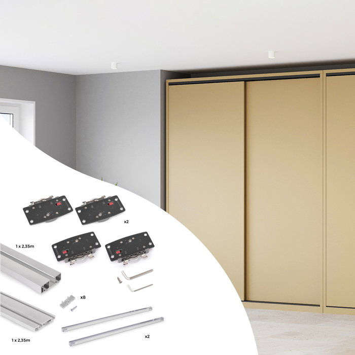 Emuca Sistema Flow 2 de superficie en formato kit para un armario de 2 puertas correderas de madera apoyadas con cierre suave Emuca Sistema Flow 2 de superficie en formato kit para un armario de 2 puertas correderas de madera apoyadas con cierre suave