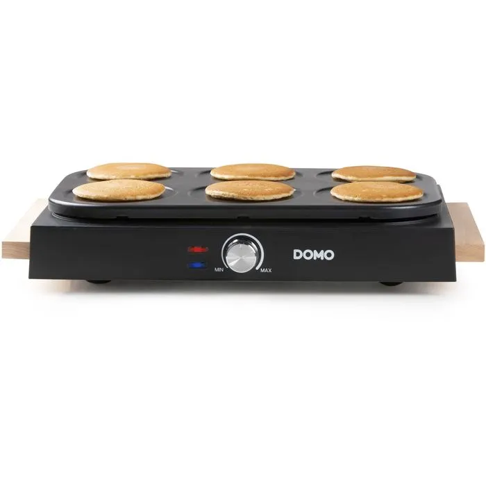Domo DO8717P Crepera, 1000 W, Prepara 6 Crepes de 11.5 cm, Termostato Regulable, Color Negro con Madera
