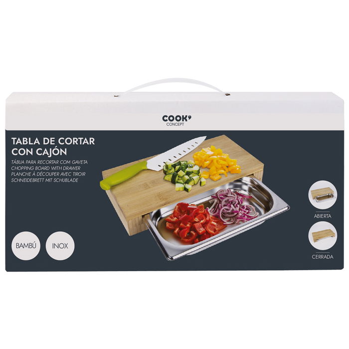 Cook Concept Tabla Cortar con Cajón de Acero Inoxidable y Bambú Cocina 32,5x16,5 cm