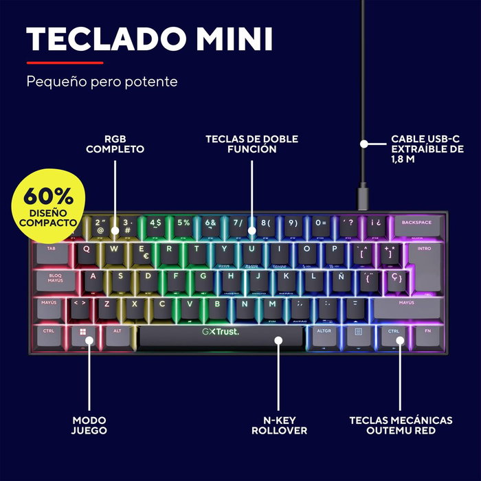 Trust GXT 867 Acira Teclado Gaming Mecánico 60% Negro