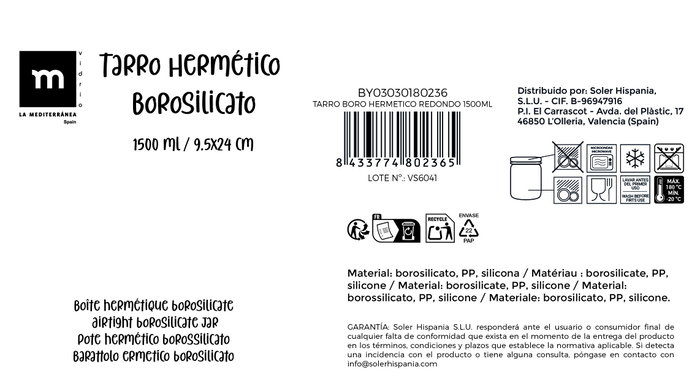 La Mediterranea Tarro Boro Hermético Redondo 1500ml La Mediterranea Tarro Boro Hermético Redondo 1500ml