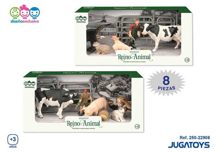 Jugatoys - naturetoys Figuras animales Granja con granjero y valla, 8 piezas - Modelos surtidos