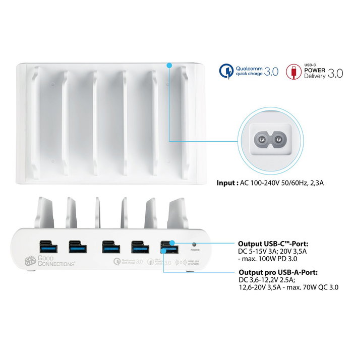 GoodConnections PCA-D006W Estación de Carga Rápida USB de Mesa 110W, 10 Puertos (5x USB-C/5x USB-A) con QC3.0, Color Blanco