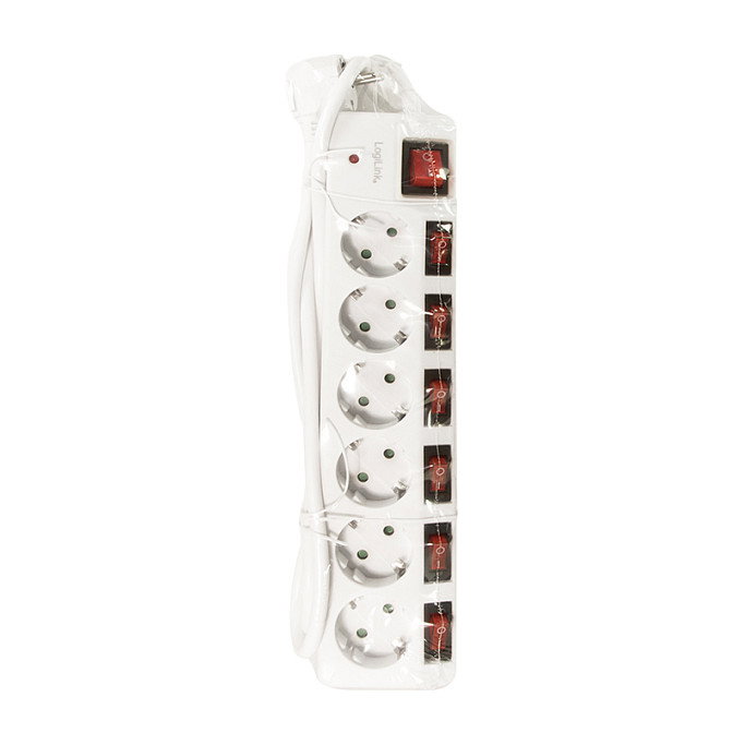 LogiLink Regleta de 6 tomas CEE 7/3 con 7 interruptores, blanco