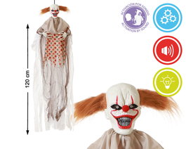 Figura Payaso Colgante Blanco Con Luz y Sonido, Pelo Naranja 120 cm - Decoración Terrorífica Halloween