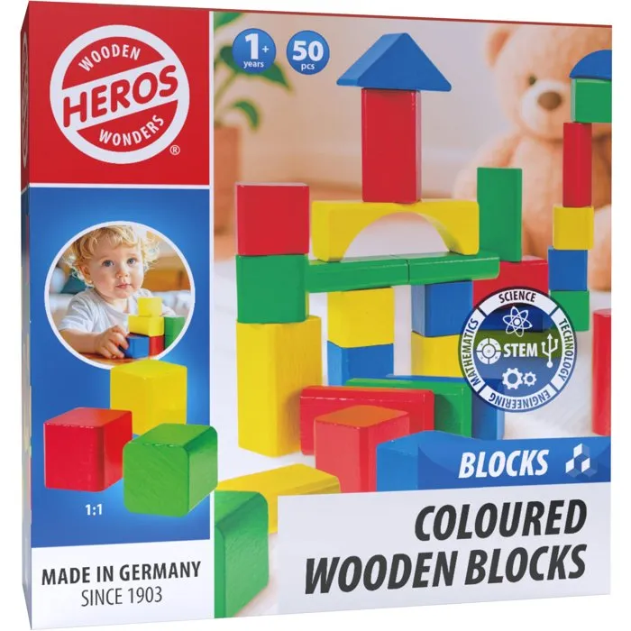 Heros HÉROES Bloques de construcción de madera 100% FSC - 50 piezas - Para mayores de 1 año