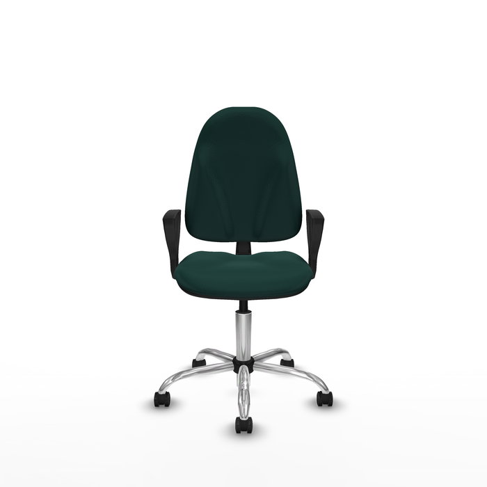 Silla de oficina Algarra con mecanismo Contacto permanente básico tapizada con Similpiel color Verde botella. Equipada con Base cromada, Brazos fijos y Ruedas de parqué